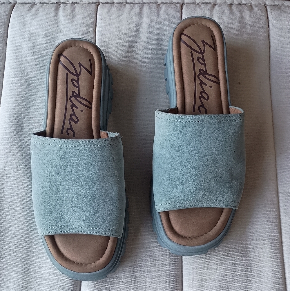Zodiac Baby Blue Suede Leather Slides_10 - Picture 1 of 6